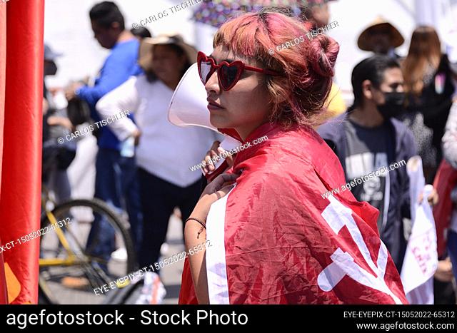 MEXICO CITY, MEXICO - MAY 15, 2022: Teachers from different unions demonstrate against the president of Mexico, Andres Manuel Lopez Obrador