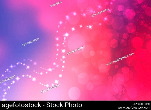 A festive abstract pink orange gradient blue background texture with glittering and sparkling bokeh stars with light effect