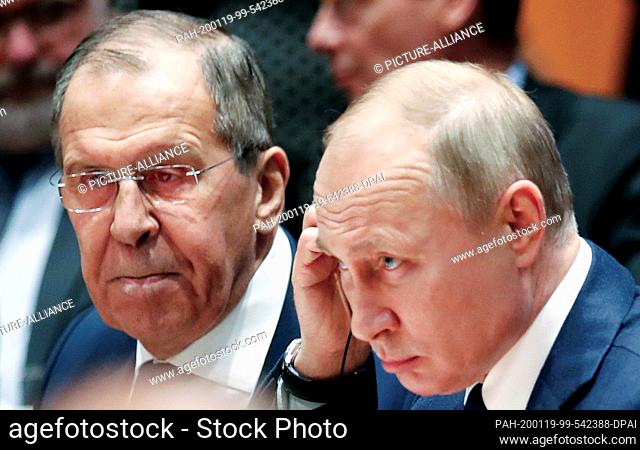 19 January 2020, Berlin: Vladimir Putin (r), President of Russia, and Sergei Lavrov, Foreign Minister of Russia, are attending the Libya Conference in the...