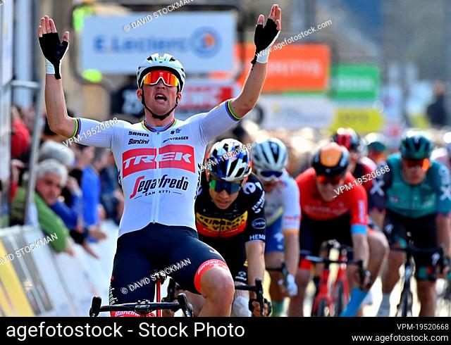 Danish Mads Pedersen of Trek-Segafredo celebrates after winning the third stage of 80th edition of the Paris-Nice eight day cycling stage race