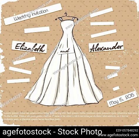 Vintage poster with beautiful wedding dress. Vector illustration EPS10