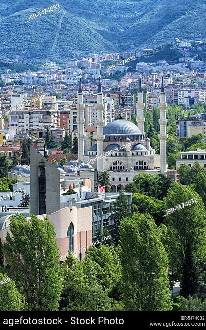 View over Tirana and new mosque, Tirana, Albania, Europe