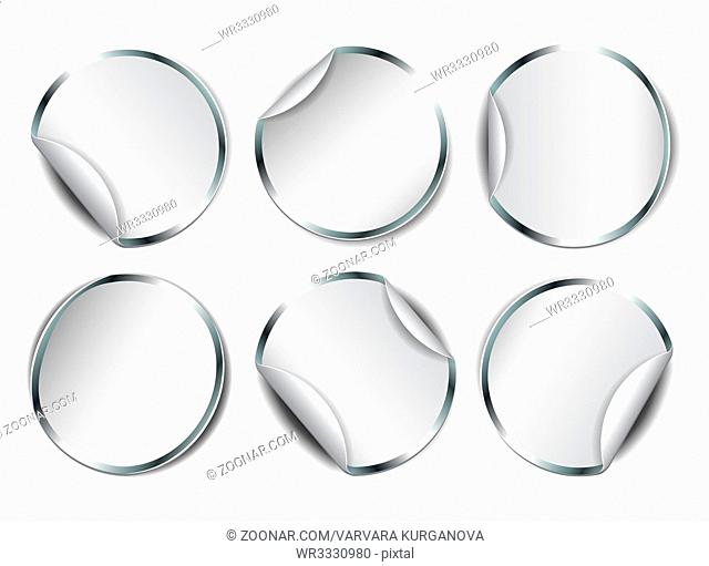 Set of white round promotional stickers with silver borders. Vector illustration