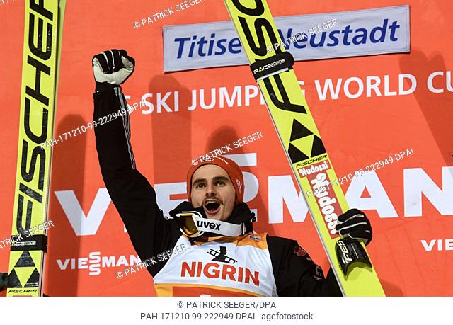 Richard Freitag of Germany celebrates his 1st place at the FIS Ski Jumping World Cup in Titisee-Neustadt, Germany, 10 December 2017