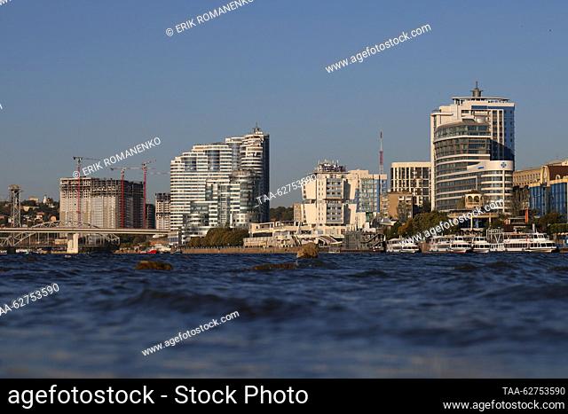 RUSSIA, ROSTOV-ON-DON - SEPTEMBER 28, 2023: A view of Temernitsky Bridge over the River Don, the port of Rostov-on-Don, and the Admiral residential complex