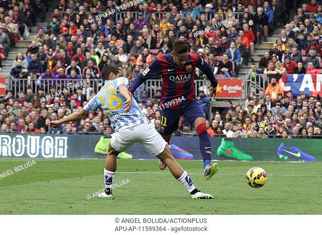 2015 La Liga Barcelona v Levante Feb 21st. 21.02.2015. Barcelona, Spain. La Liga. Barcelona versus Malaga. Neymar skips past the tackle from Rosales (L)