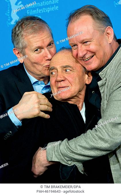 Norwegian director Hans Petter Moland (L-R), and the actors Bruno Ganz and Stellan Skarsgard pose during the photocall for 'Kraftidioten' (In Order of...