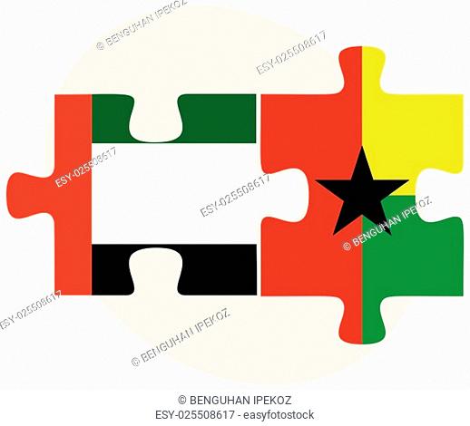 United Arab Emirates and Guyana Flags in puzzle isolated on white background