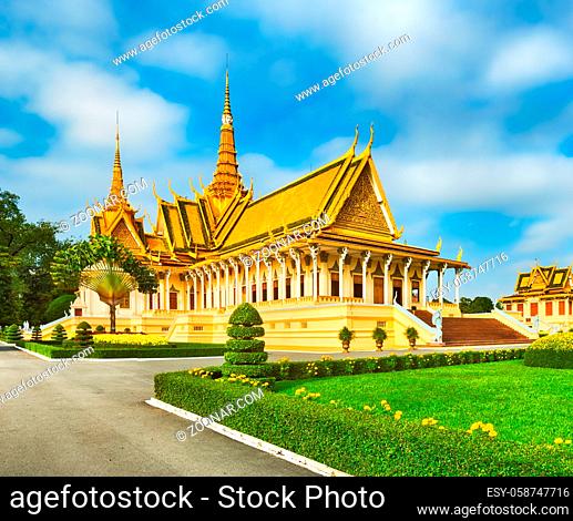The throne hall inside the Royal Palace complex in Phnom Penh, Cambodia. Famous landmark and tourist attraction