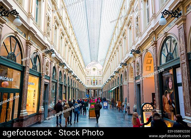 Brussels, Belgium - April 22, 2017: The Galeries Royales Saint-Hubert is a glazed shopping arcade in Brussels that preceded other famous 19th-century shopping...