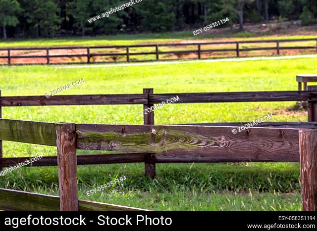 Horse farm with fencing and green pastures
