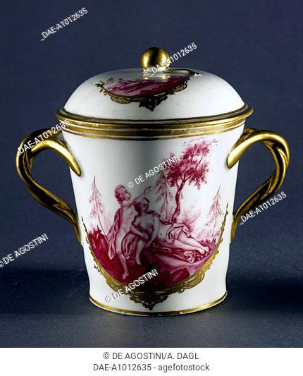 Drinking chocolate cup, polychrome hard porcelain, height 11.5 cm, Vinovo manufacture, Piedmont. Italy, 18th century.  Saronno