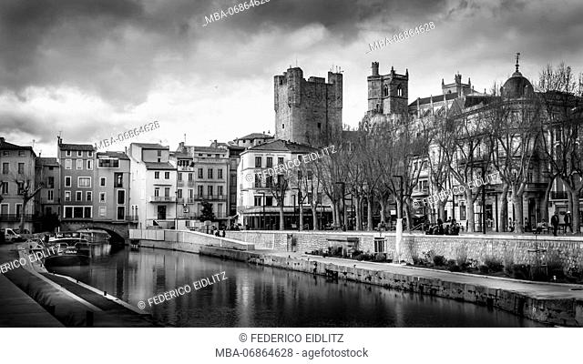 Canal de la Robine, view above Old Town and Narbonne Cathedral, black and white