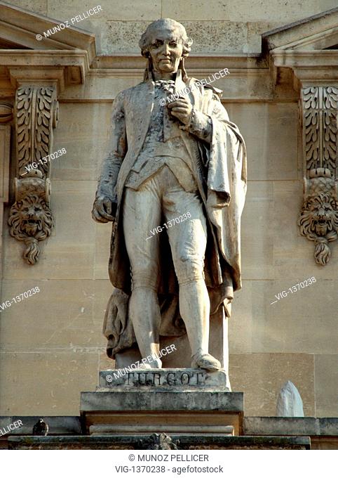 FRANCE, PARIS, 01.05.2007, Statue of French economist and statesman Anne-Robert-Jacques Turgot, Baron de Laune, at the facade of The Louvre Museum - Palais...