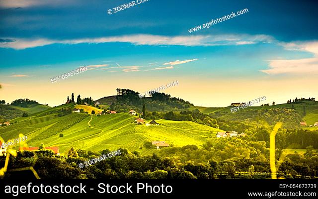 Sulztal, Gamlitz, Leibnitz, Styria / Austria - 13 june 2018, Slovenia border Vineyards Sulztal area south Styria , wine country path to heart shaped street...