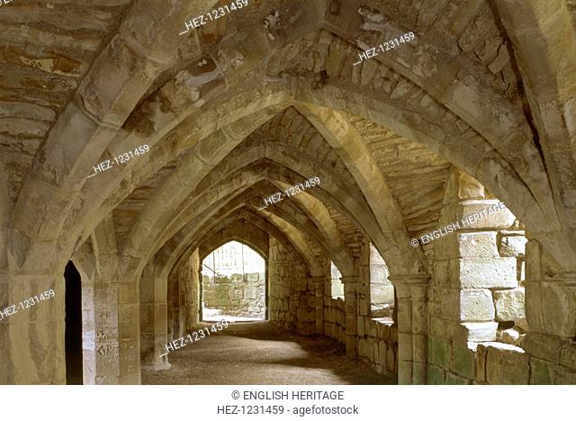 Finchale Priory, Durham, 1999. 14th century vaulted undercroft beneath the refectory at Finchale Priory which was founded in 1196 as a Benedictine priory on the...