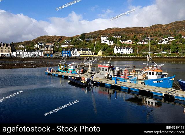 View of boats moored at the jetty in the loch, Tarbert, Loch Fyne, Argyll and Bute, Scotland, United Kingdom, Europe