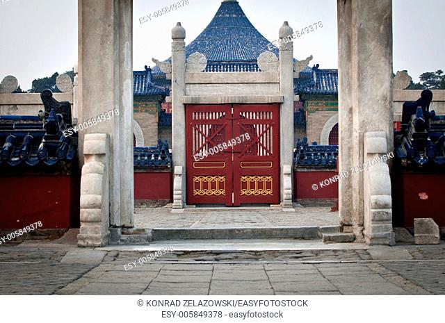 Wooden door and stone gate in Temple of Heaven complex, Beijing, China
