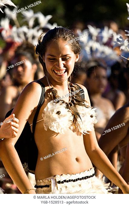 Polynesian dancers in the annual parade for the Tapati Festival