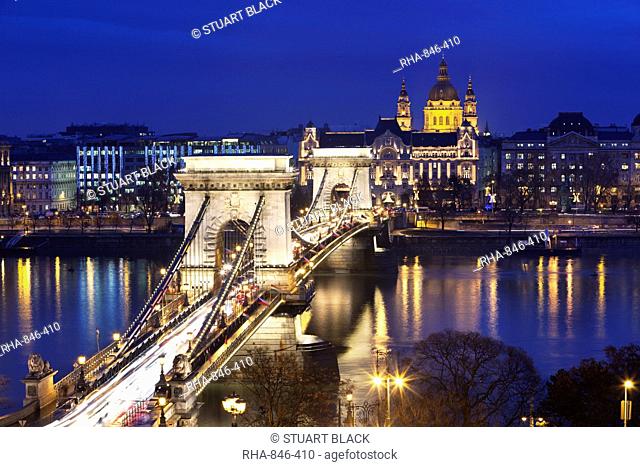 Chain Bridge and St. Stephen's Basilica at dusk, UNESCO World Heritage Site, Budapest, Hungary, Europe