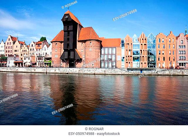 Gdansk in Poland, city skyline with The Crane medieval landmark, river view