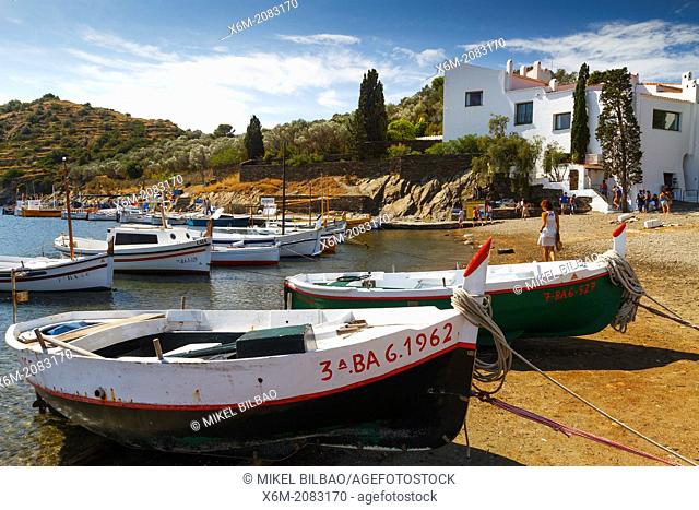 Boats in a beach. Port lligat village. Cadaques town. Costa Brava, Girona. Catalonia, Spain