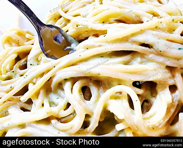 A fork in a plate of creamy spaghetti. Italian food. Carbohydrates and recipes with cream