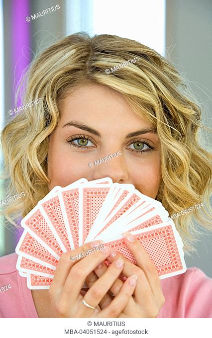 Woman, playing cards, portrait, hold