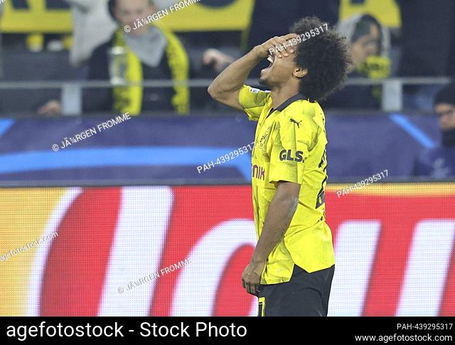 firo: 13.12.2023 Football, Soccer, Men's UEFA Champions League BVB Borussia Dortmund - Paris St.Germain - jubilation over his goal to make it 1-0 Karim Adeyemi