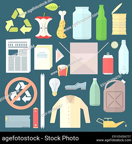 vector colored flat design icons and signs for separate collection of waste