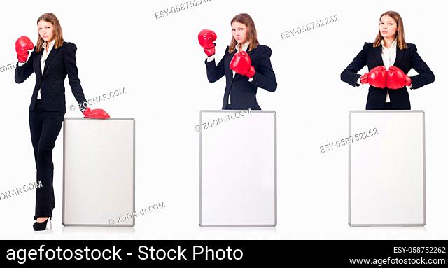 Woman boxer with blank board on white