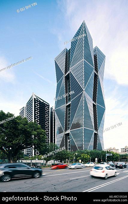 Exterior view of the China Steel Corporation Headquarters, a skyscraper with diamond-shaped double skin curtain wall in Kaohsiung, Taiwan