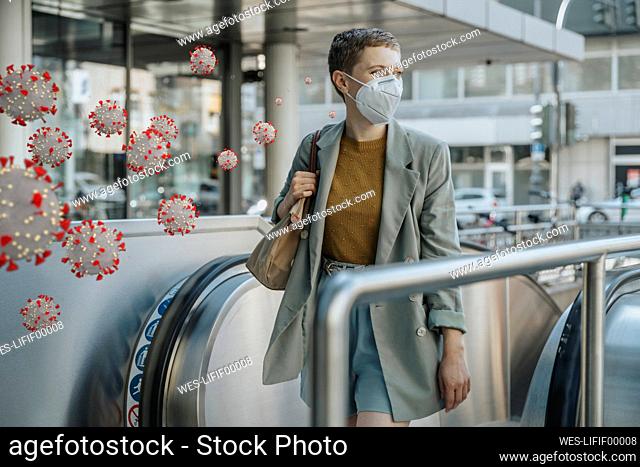 Corona viruses in front of woman with face mask on escalator