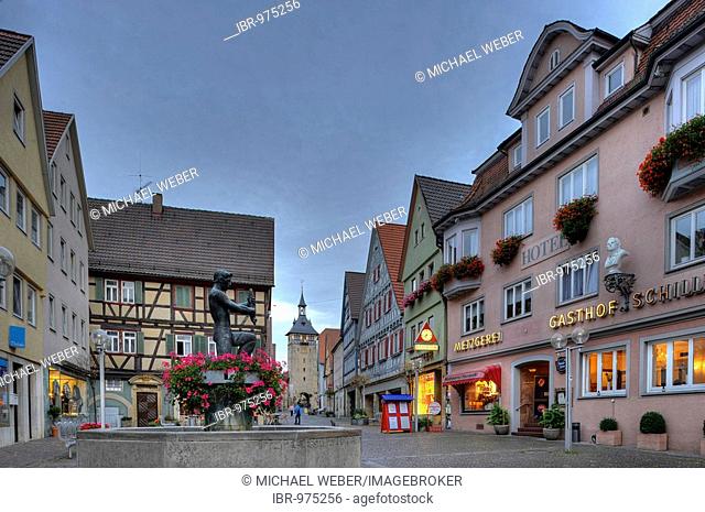 Marktstrasse street with the Oberer Torturm tower in the evening, Marbach am Neckar, Baden-Wuerttemberg, Germany, Europe