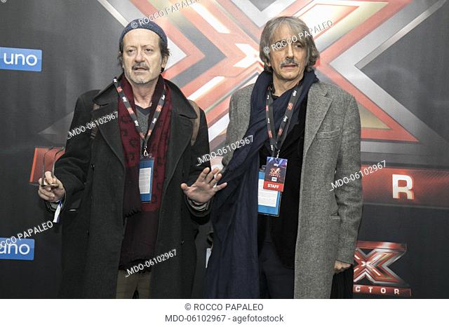 Italian actors Rocco Papaleo and Sergio Rubini attends at photocall of the final night of the talent show X-Factor 2018 at the Assago Forum