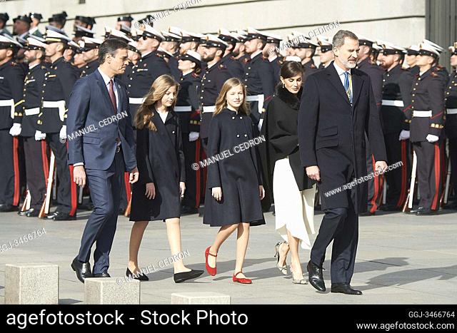 King Felipe VI of Spain, Queen Letizia of Spain, Crown Princess Leonor, Princess Sofia, Pedro Sanchez, Prime Minister attends Opening of the 14th Legislature at...