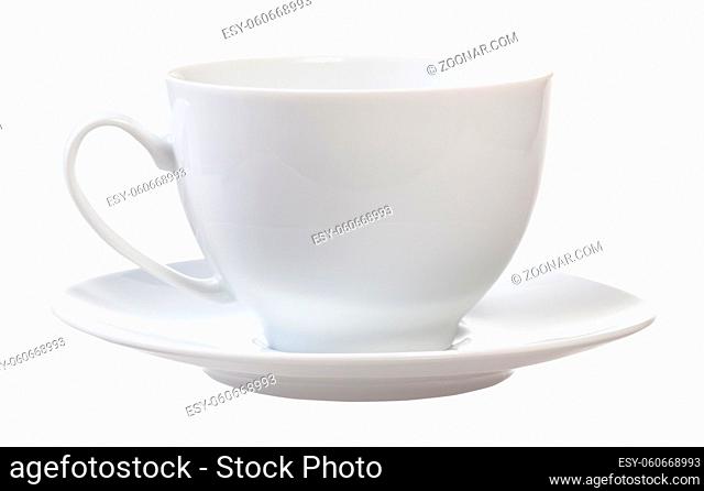 side view of white porcelain cup and saucer isolated on white background