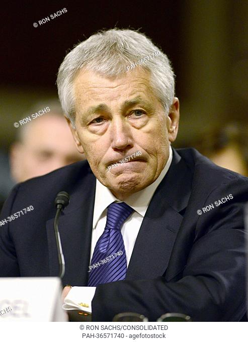 Former United States Senator Chuck Hagel (Republican of Nebraska) appears at a U.S. Senate Committee on Armed Services hearing considering his confirmation as U