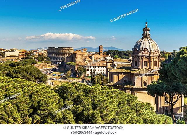 View of the Roman Forum, the church of Santi Luca e Martina and the Colosseum, Rome, Lazio, Italy, Europe