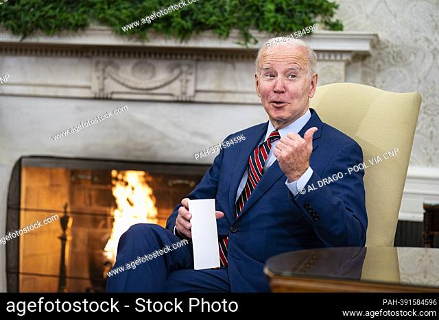 United States President Joe Biden speaks while meeting Prime Minister Mark Rutte of the Netherlandsin the Oval Office of the White House in Washington, DC, US