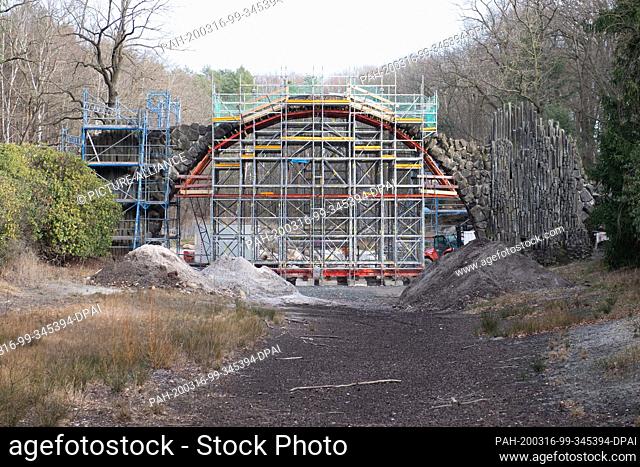 15 March 2020, Saxony, Gablenz: The Rakotzbrücke in the Kromlau Rhododendron Park is scaffolded. The renovation of the Rakotzbrücke and the associated grotto in...