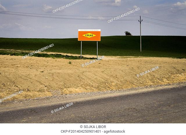 COLAS CZ sign, road nr 405, Zasovice - Okrisky, modernization, surface, reconstruction, Czech Republic, on February 28, 2014 (CTK Photo/Libor Sojka)