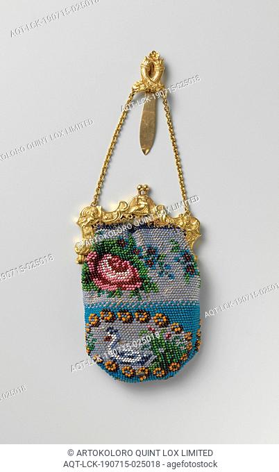 Beaded purse with a gold bracket and hook, The cast purse bracket consists of two equal, hingedly connected, arcuate halves with a scalloped contour