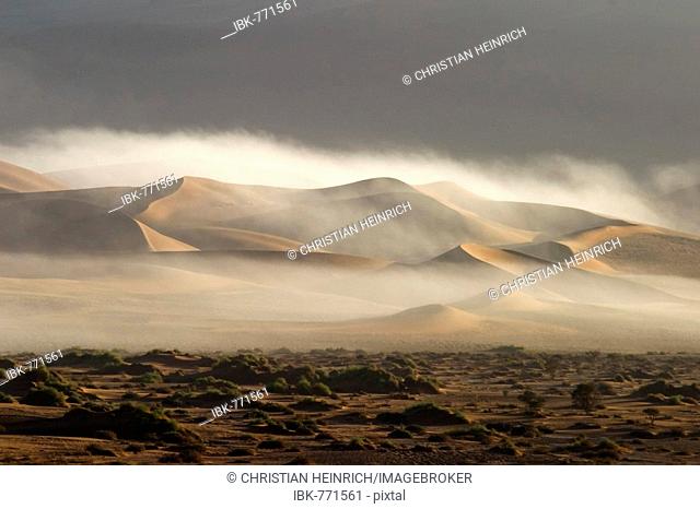 Coastal fog over sand dunes in Sossusvlei, Namib Desert, Namibia, Africa