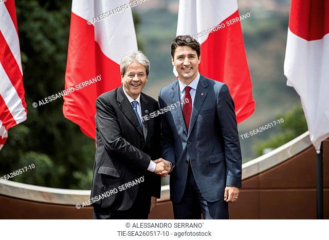 The President of the Italian Council Paolo Gentiloni with Canada's Prime Minister Justin Trudeau during the opening ceremony of Taormina G7, Taormina