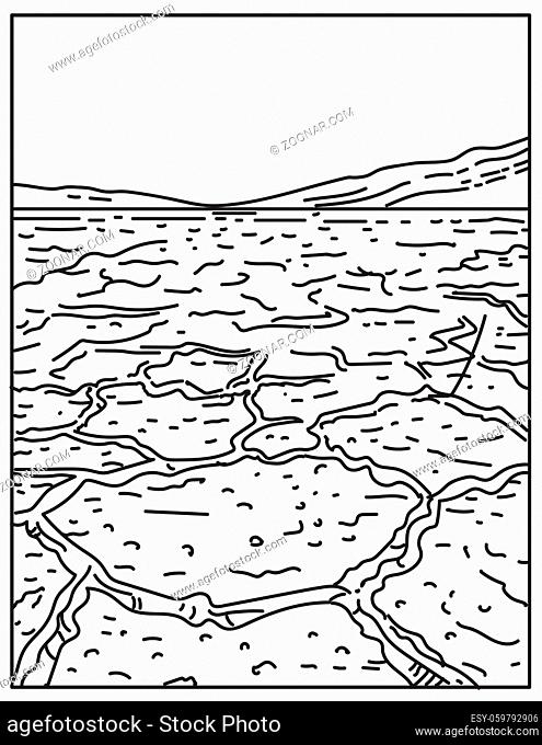 Mono line illustration of Badwater Basin in Death Valley National Park, Death Valley, Inyo County, California, United States of America done in retro black and...