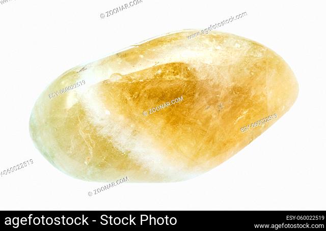 closeup of sample of natural mineral from geological collection - rolled Prasiolite (green quartz) gem stone isolated on white background