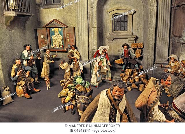 Crib collection, street in Naples with a market scene from circa 1750, Bavarian National Museum, Munich, Bavaria, Germany, Europe
