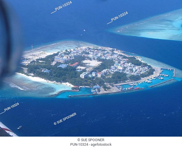 Maldive island Male as seen from sea plane on arrival