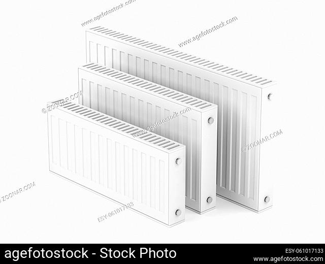 Group of heating radiators with different sizes on white background